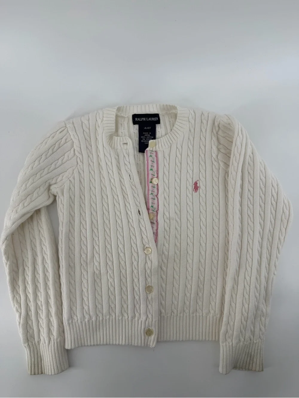 Polo Ralph Lauren Girls White Cable Knit Cardigan Sweater Size 6X Pink Pony